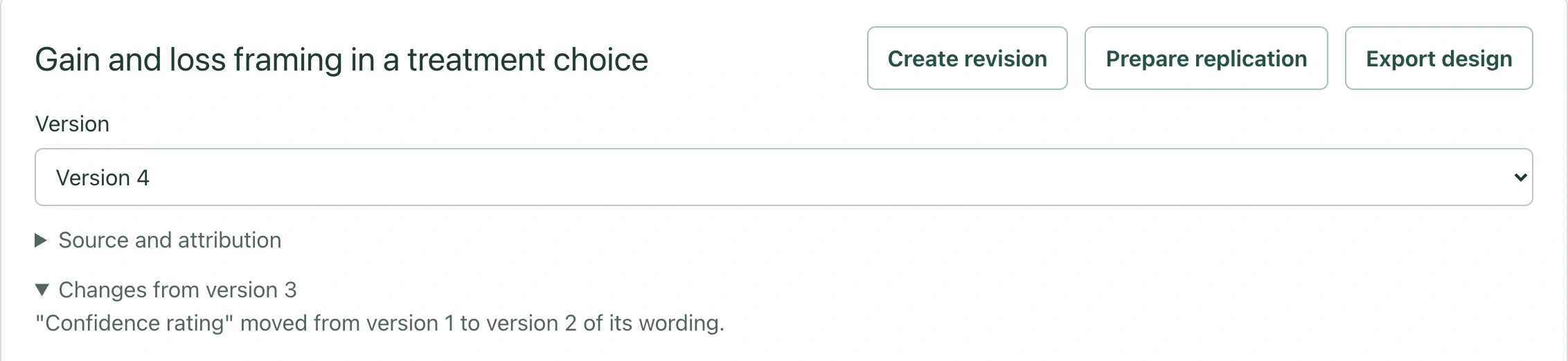 The header for the example study with Create revision, Prepare replication and Export design buttons and a Version menu set to Version 4. An expanded Changes from version 3 section reads that Confidence rating moved from version 1 to version 2 of its wording.